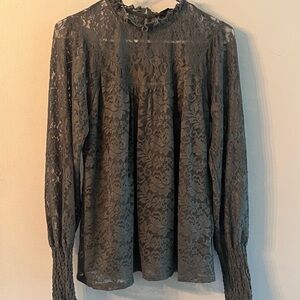 Cable & Gauge Sheer Lace Mock Neck Blouse - Gray